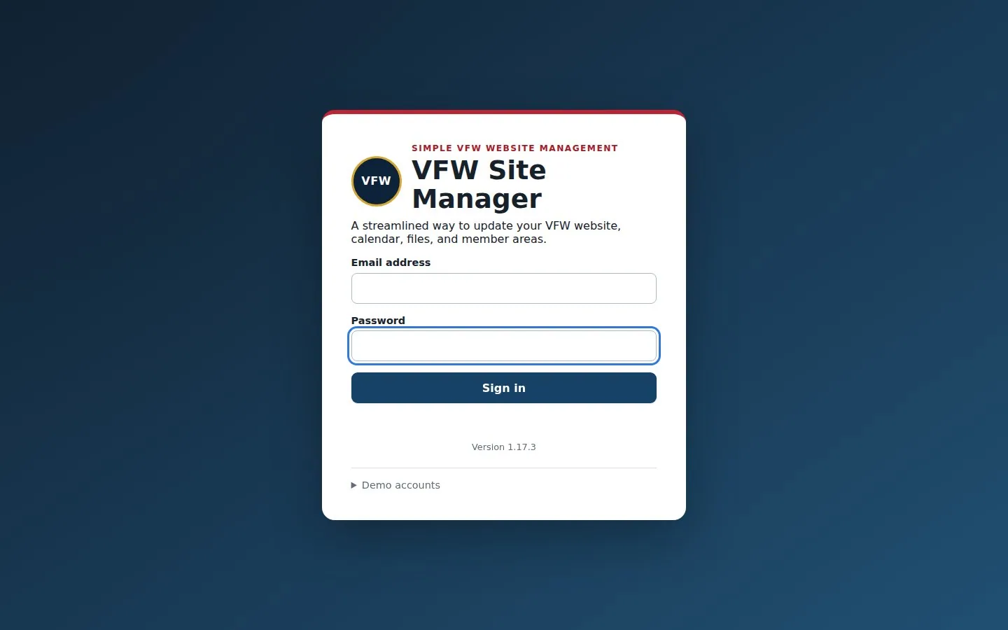 VFW Site Manager CMS Public Application View screenshot